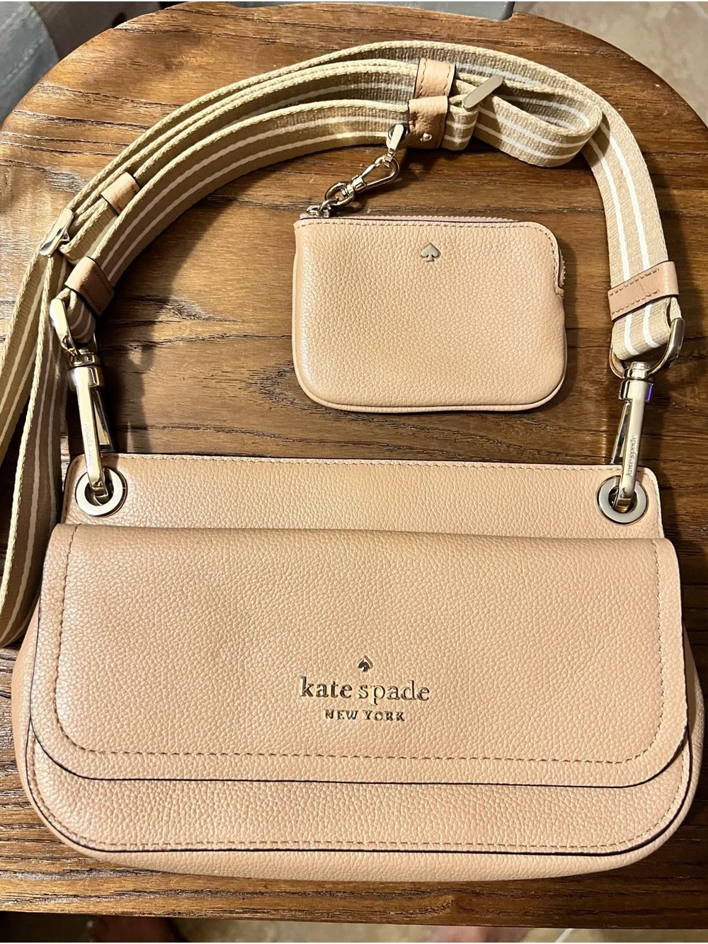 kate spade Pebbled Leather Crossbody Bag in Light Beige with Striped Strap